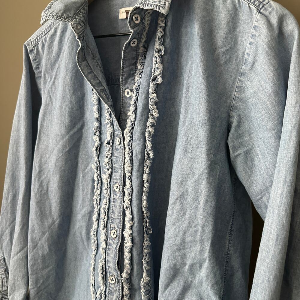 Anthropologie Pilcro Juni Ruffled Denim Button Down Shirt Small Womens - Picture 4 of 6